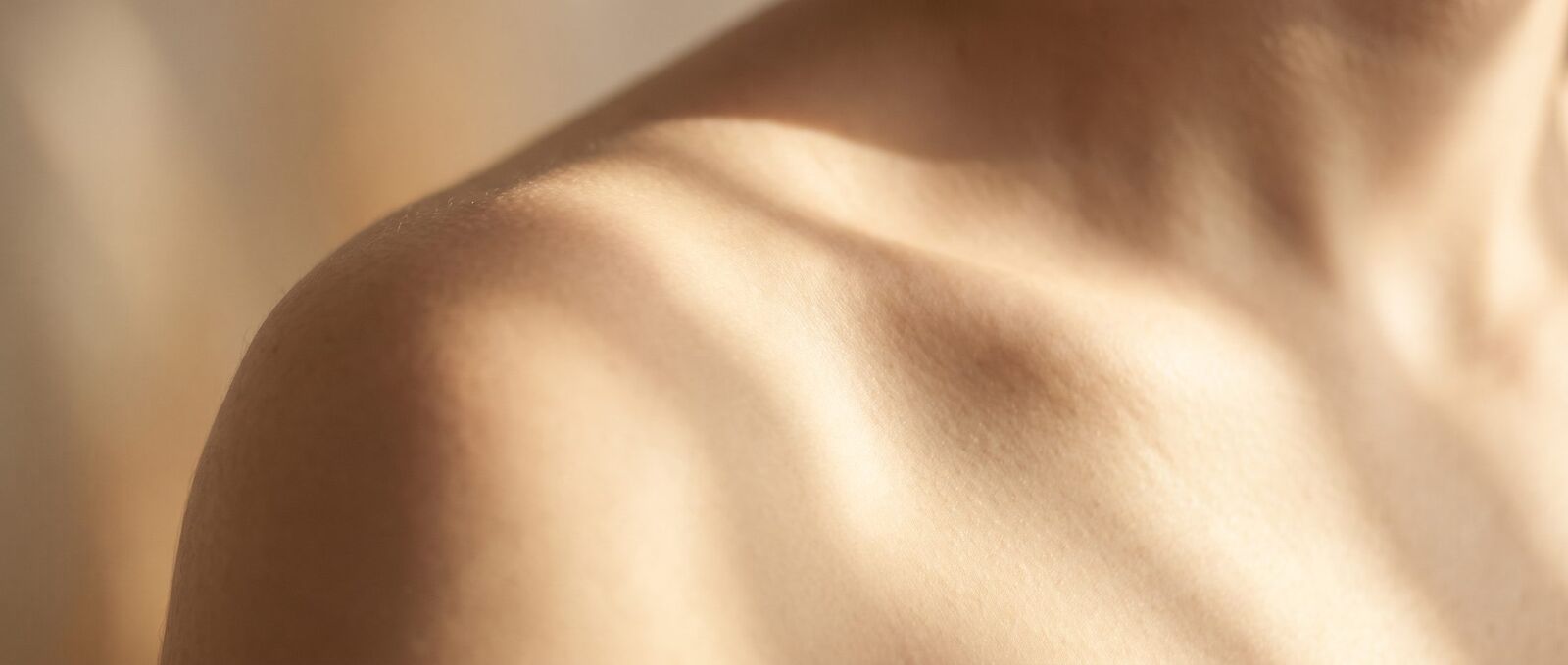 Shoulder and collarbone under warm directional light, showing natural skin texture