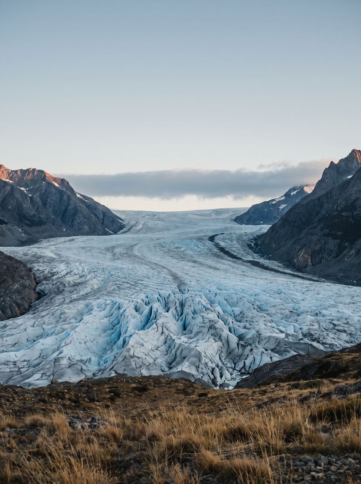 Glacier of the Southern Patagonian Ice Field between dark granite mountains
