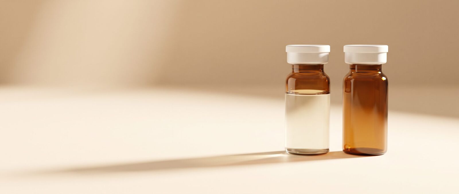 Two minimal amber glass vials with white cap bands on a warm ivory surface